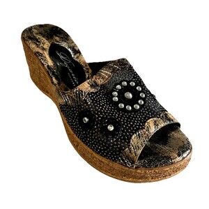 Dezario Womens EU38 Rhinestone Embellished Black Gold Wedge Cork Slide Sandals